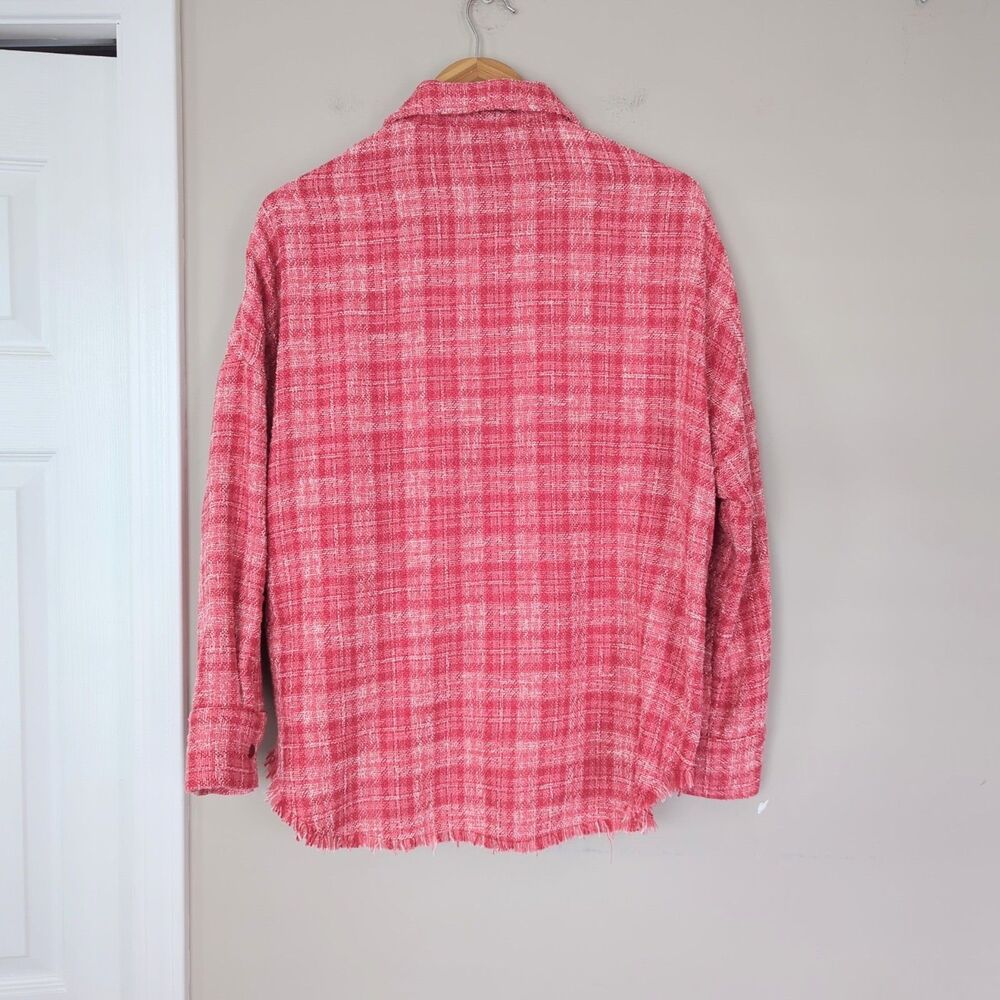 Zara Pink Tweed Button Down Long Sleeve Shirt Shacket Fringe Hem Small Relaxed - Picture 3 of 7
